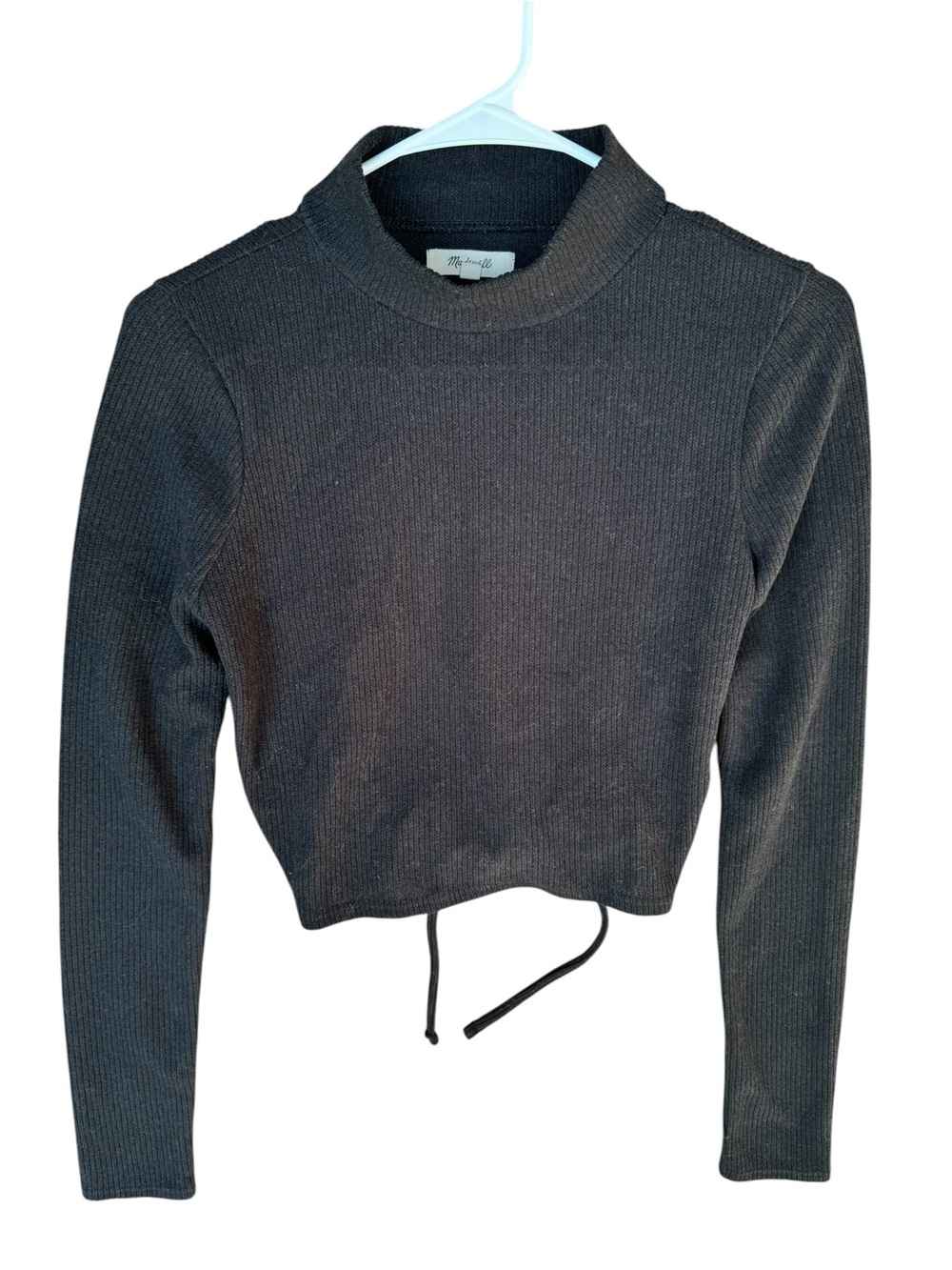 Madewell Black Ribbed Mock-Neck Drawstring Open Back Crop Sweater